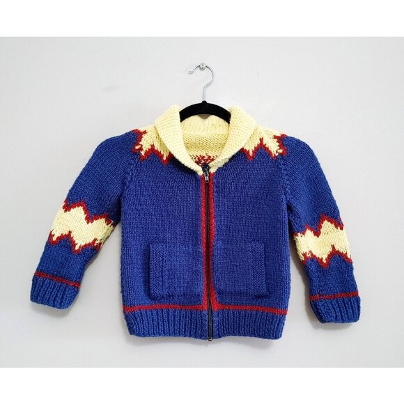 Vintage Kids Hand Knit Boys Cowichan Zip Up Lion Sweater See Measurement - Picture 2 of 2